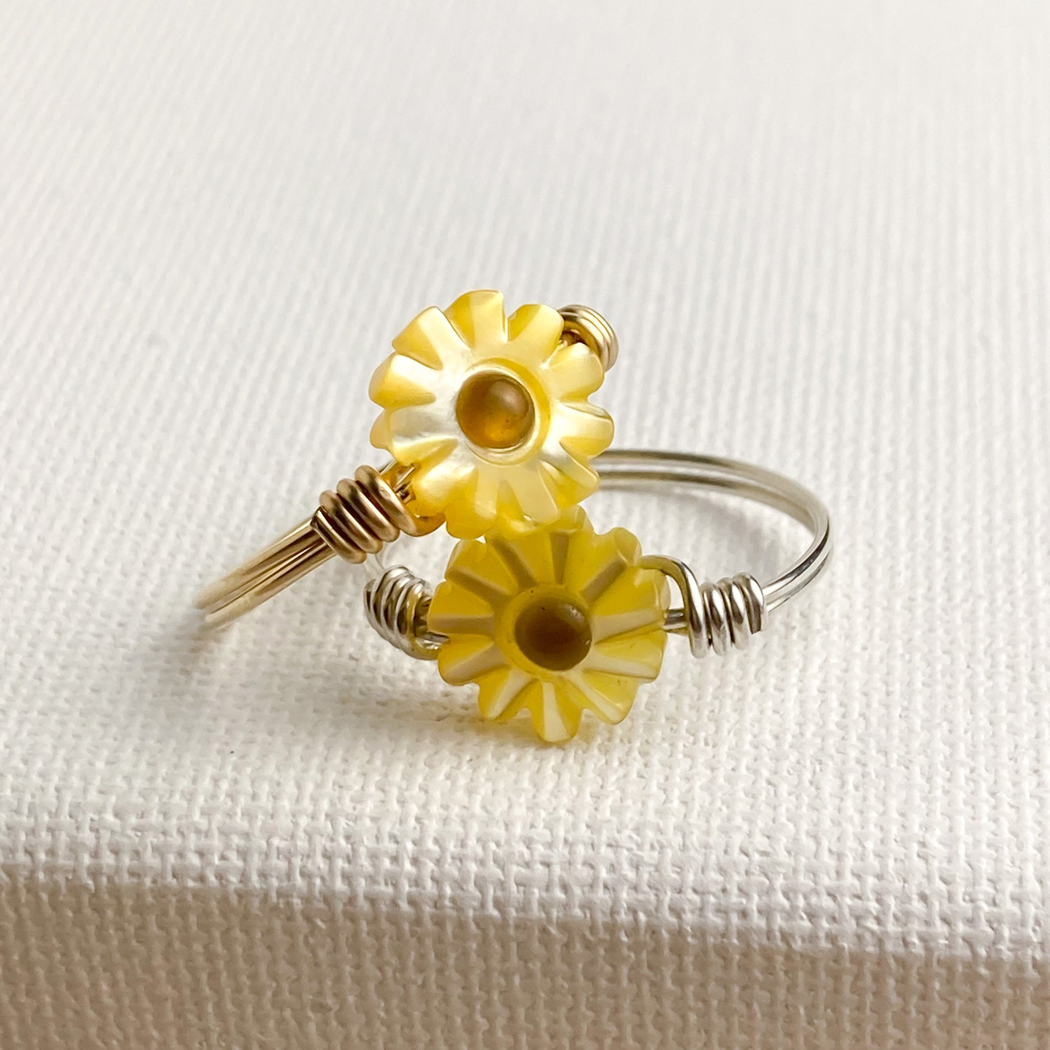 Mother of Pearl Sunflower Ring in Sterling Silver or 14k Gold Filled Isabella Jolie Jewelry